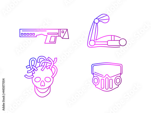Cyberpunk outline icons set. Futuristic gun. Exoskeleton on arm and mask. Skull with wires