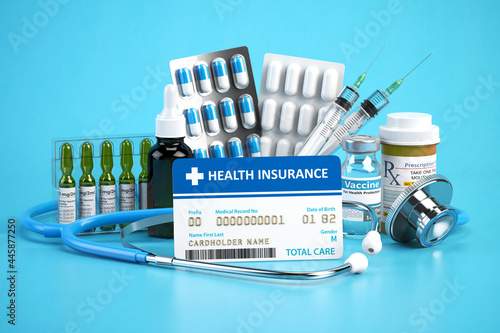 Fototapeta Naklejka Na Ścianę i Meble -  Health insurance card policy with meds and medical equipment on blue background.
