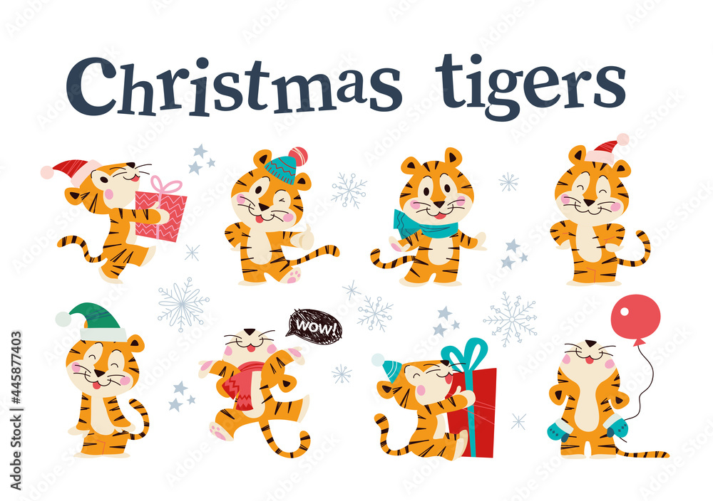 Set of cute little tigers with gift boxes, balloon in winter hat, scarf and gloves isolated. Vector flat cartoon illustration. For children holiday cards, patterns, prints, calendar, banner etc.