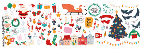 Big set of Christmas decor elements and characters isolated. Santa Claus, elf, winter city houses, gifts, sleigh, fir tree etc. Vector flat cartoon illustration. For Xmas card, banner, print, pattern.