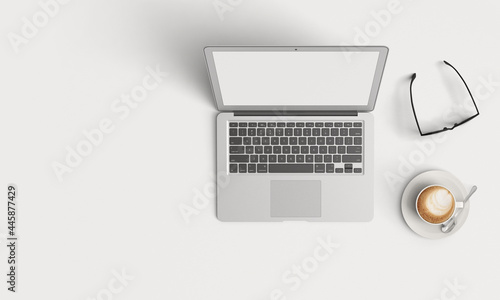 lap top, glasses and a coffee cup. work from home concept. space for your text