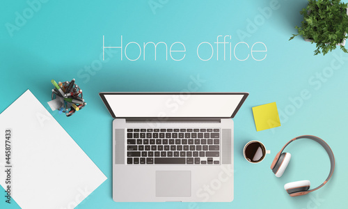 Home office concept, laptop, headphones, coffee, pencils, plant. top view
