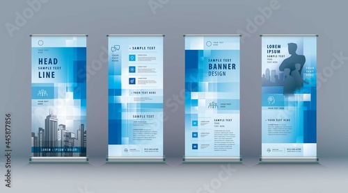 Business Roll Up Set. Standee Design. Banner Template, Abstract Blue Geometric Pixel vector