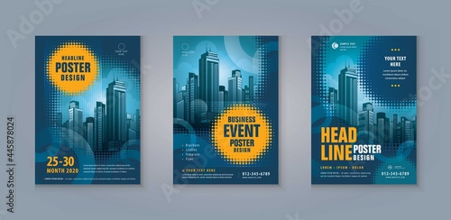 Business Leaflet Brochure Flyer template Design Set. Modern abstract Blue Glowing Circles