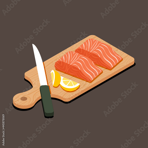 Illustration vector isometric 3d of raw salmon on wooden cutting board with knife.
