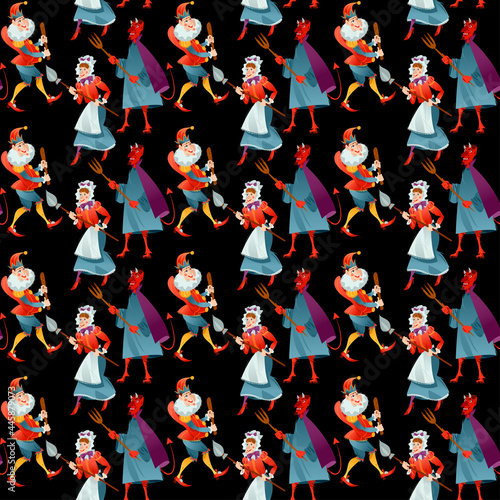 Traditional puppet show featuring Mr. Punch, his wife Judy and the Devil. Seamless background pattern.