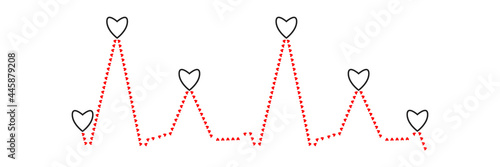 Cardiogram line consisting of small red hearts. Black contoured hearts on peaks of cardiogram graph. Process of depolarization and repolarization of atria and ventricles myocardium. Heart biorhythm. photo