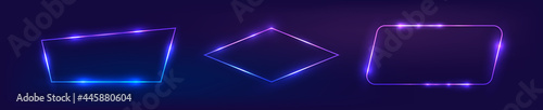 Set of three neon frames with shining effects