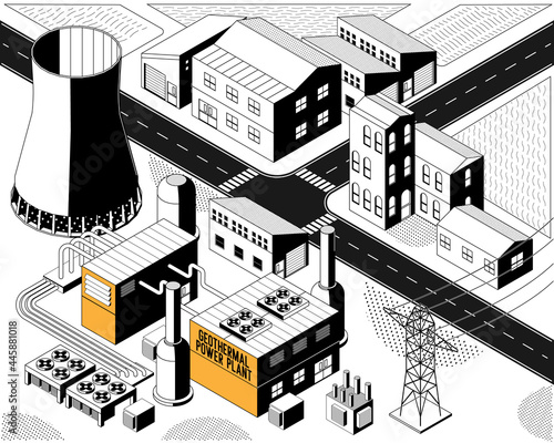 geothermal energy, geothermal power plant in isometric graphic