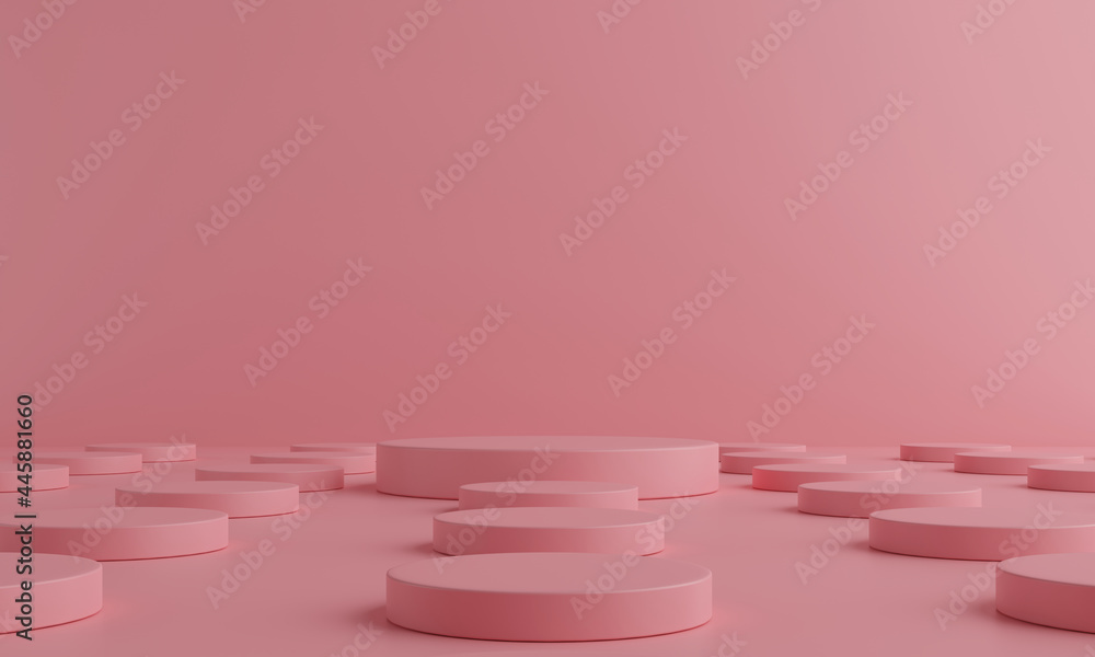 pink background with pedestal and showcase arranged in a row, 3d illustration pink background with pedestal and showcase arranged in a row, 3d illustration