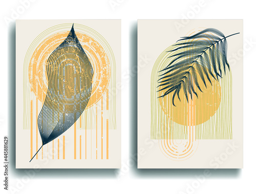 Poster with  leaves and grunge textured geometric shapes . Minimal design with grange elements . Trendy brochure . Vector illustration. 