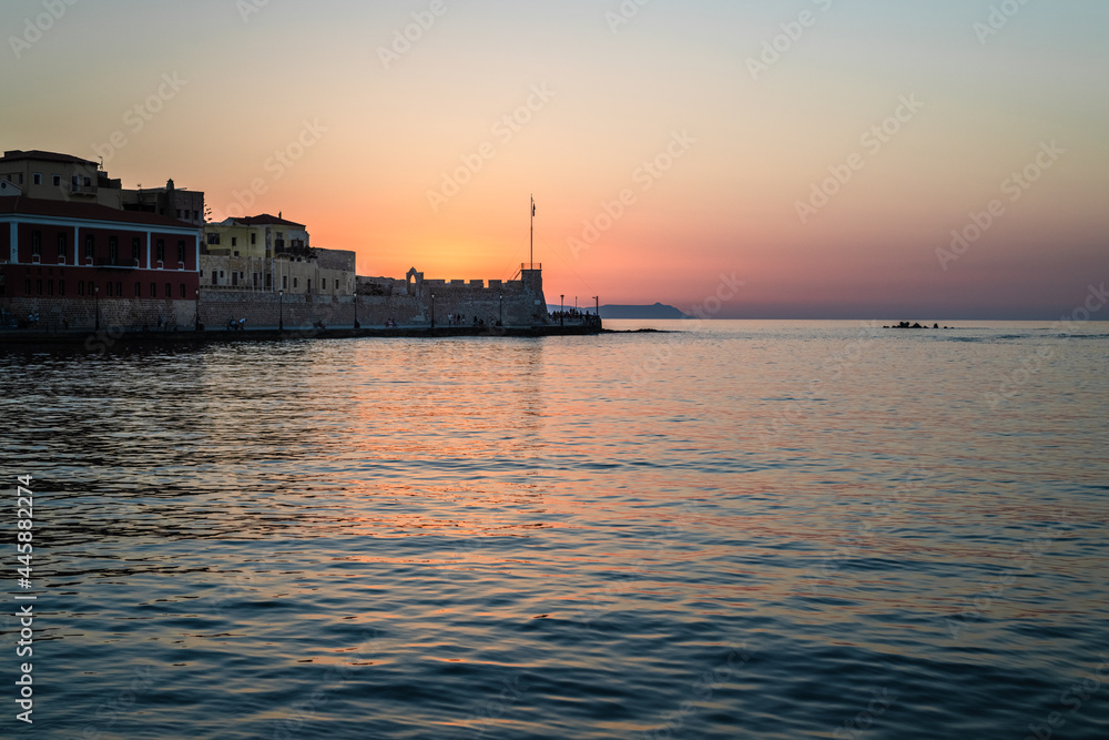Chania harbor at evening time - sunset in old venetian port