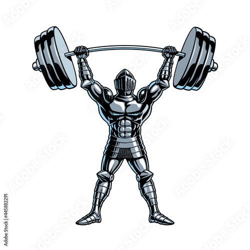 Knight or gladiator bodybuilder man lifting heavy barbell. For print, banner, label or poster. Vector illustration.