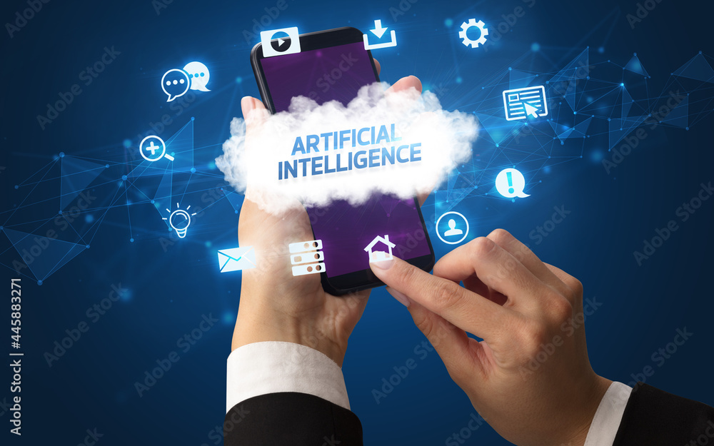 Hand using smartphone with cloud technology concept Hand using smartphone with cloud technology concept