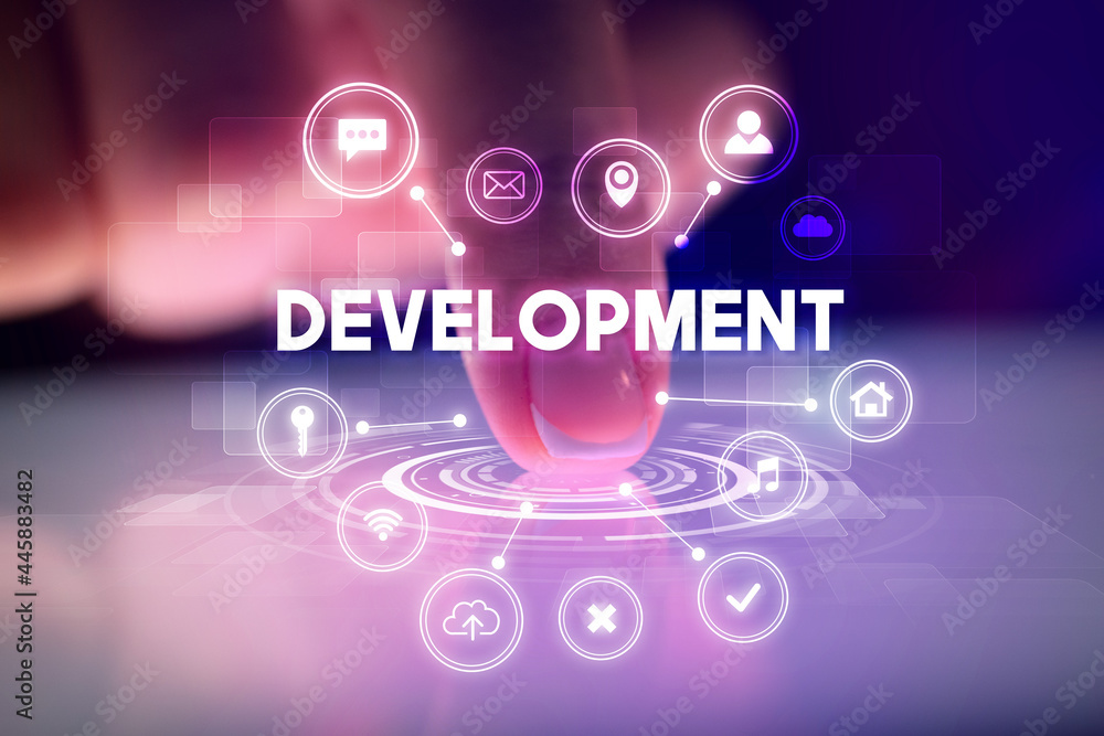 Finger touching tablet with web technology icons concept