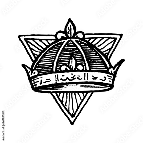 Black and white vintage etched art. Ink drawn ghotic clipart for sticker, tattoo, print. Royal crown on triangular frame. Absolute monarchy and power symbol. Old vintage luxury corona sketch.