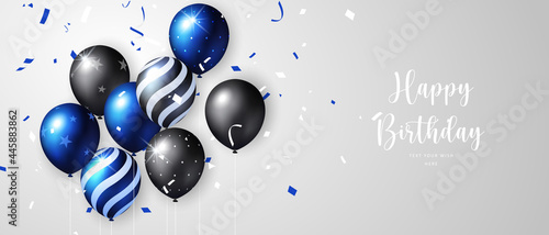 Vivid blue black strip star dot pattern ballon and ribbon Happy Birthday celebration card banner template background