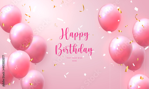 Elegant rose pink ballon and golden ribbon Happy Birthday celebration card banner template background