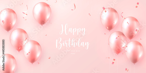 Elegant golden rose pink ballon and party propper ribbon Happy Birthday celebration card banner template background