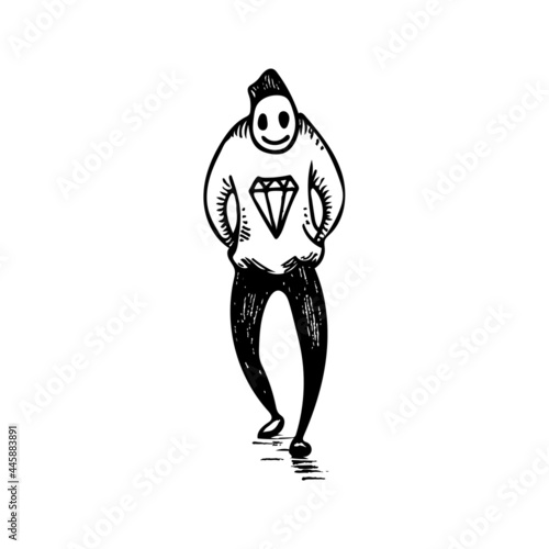 Etched vector illustration. Street art work. Hand drawn ink sketch of young skinny guy in black slim pants and hoodie with smile and broad gait is coming towards. Hipster urban fashion. photo