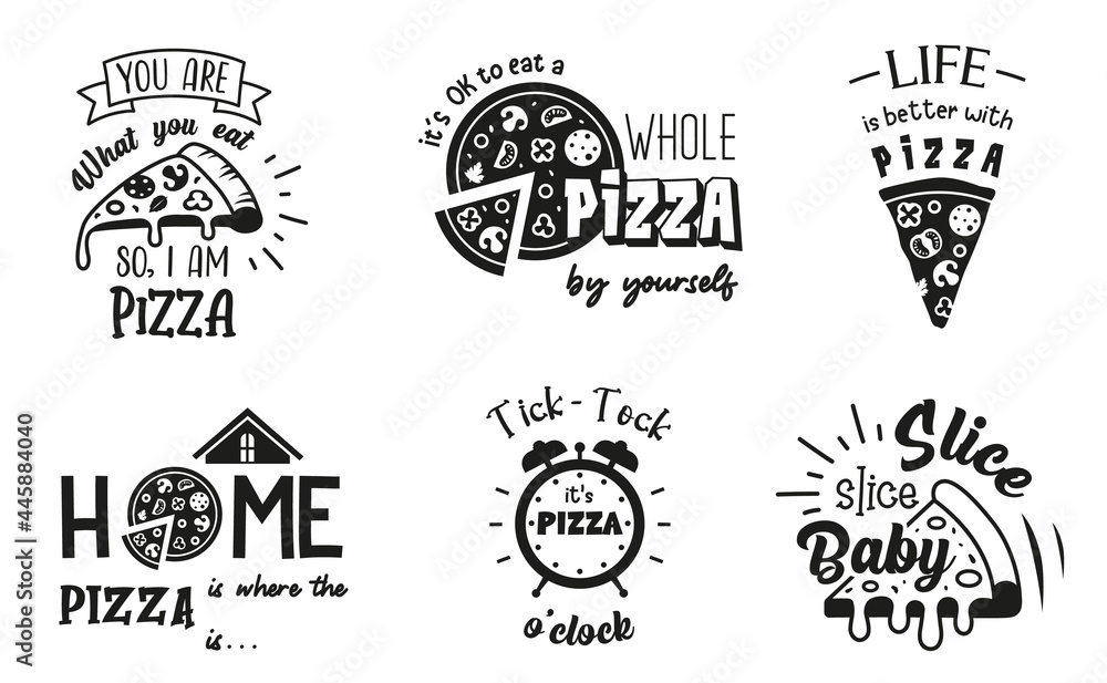Pizza sign with funny quotes. Set of pizza symbols. Food emblem designs.  Italian food badge. Stock Vector | Adobe Stock