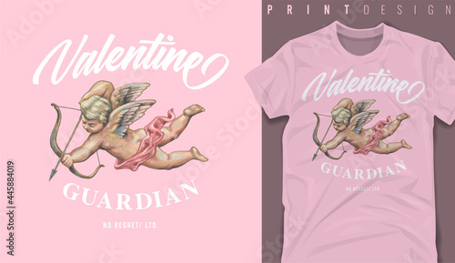 Graphic t-shirt design, valentine guardian slogan with Flying Cupid holding bow and aiming or shooting arrow ,vector illustration for t-shirt. photo
