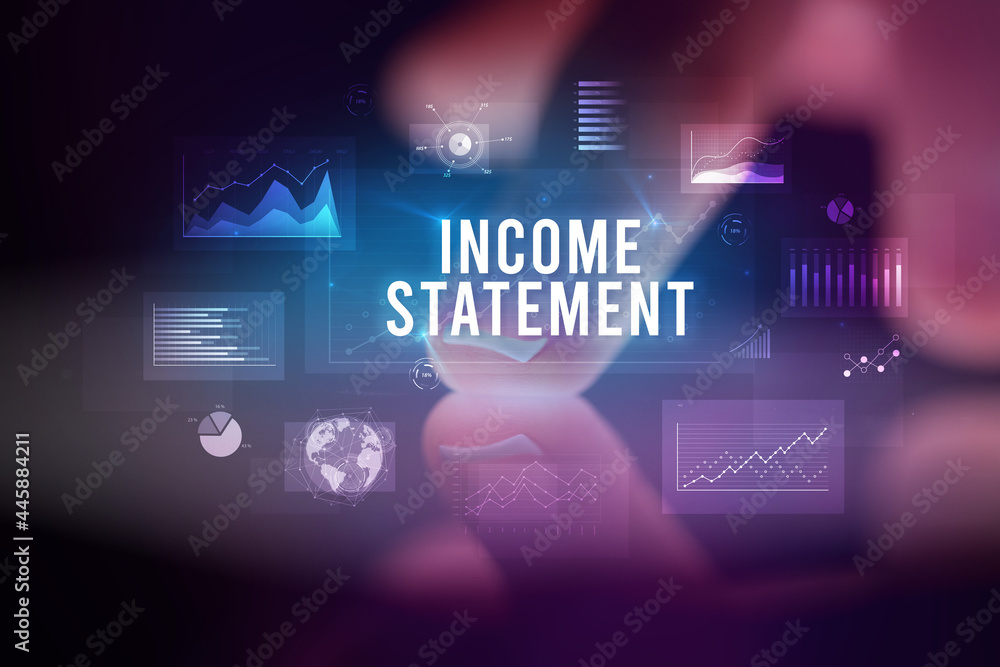 Finger touching tablet with business graphs and icons concept Finger touching tablet with business graphs and icons concept
