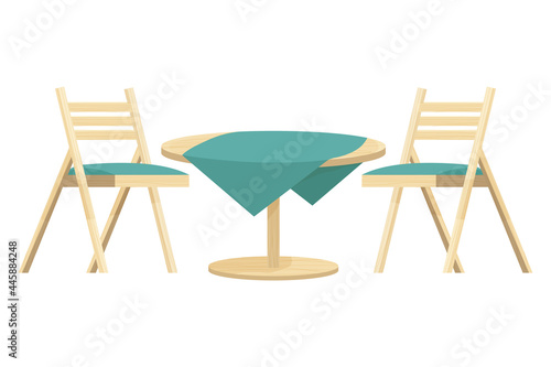 Wooden round table with tablecloth and two chairs textured in cartoon style isolated on white background. Backyard, outdoor furniture, decoration.