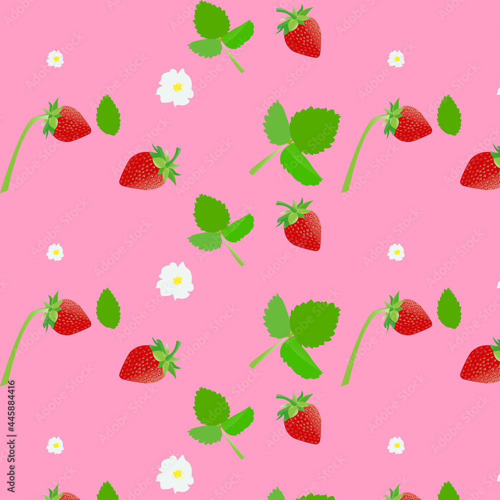 pattern with the image of strawberries, strawberry flowers and green leaves, on a pink background