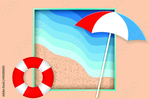 Summer holiday illustration. Beach Umbrella and life buoys on the seacoast. Top view. Hello summer concept 