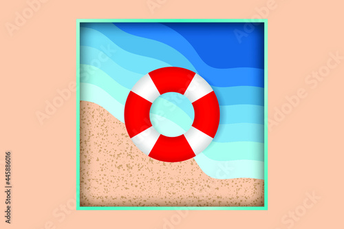 Lifebuoy in sea waves. Top view. Color lifebuoy and blue ocean background