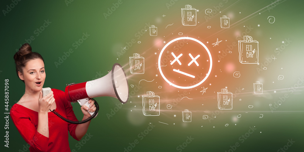 Young person with megaphone and healthy food icon Young person with megaphone and healthy food icon