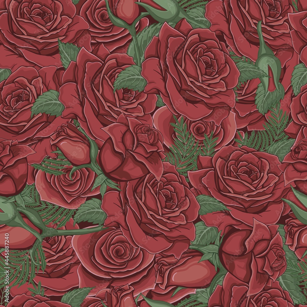 Beautiful roses seamless pattern with green leaves in vintage style. Hand drawn illustration design.