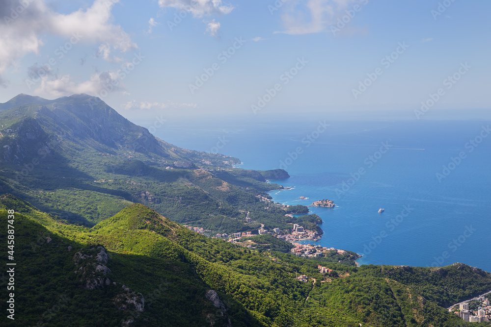 Prekars view from the top of the mountain road. View of the coast and the city of the Budva Riviera. Montenegro, Balkans, Adriatic Sea, Europe.