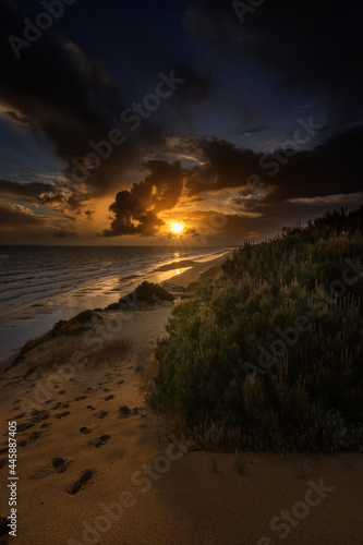 Sunset on Mazagon beach , Huelva , Andalusia , Spain. photo