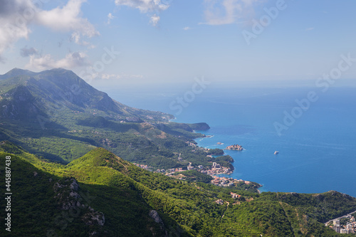 Prekars view from the top of the mountain road. View of the coast and the city of the Budva Riviera. Montenegro, Balkans, Adriatic Sea, Europe.