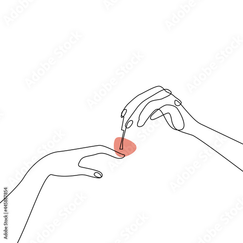 Manicure process. One hand holds the other and paints the nail. Vector illustration one line drawing for a business card of a nail artist.