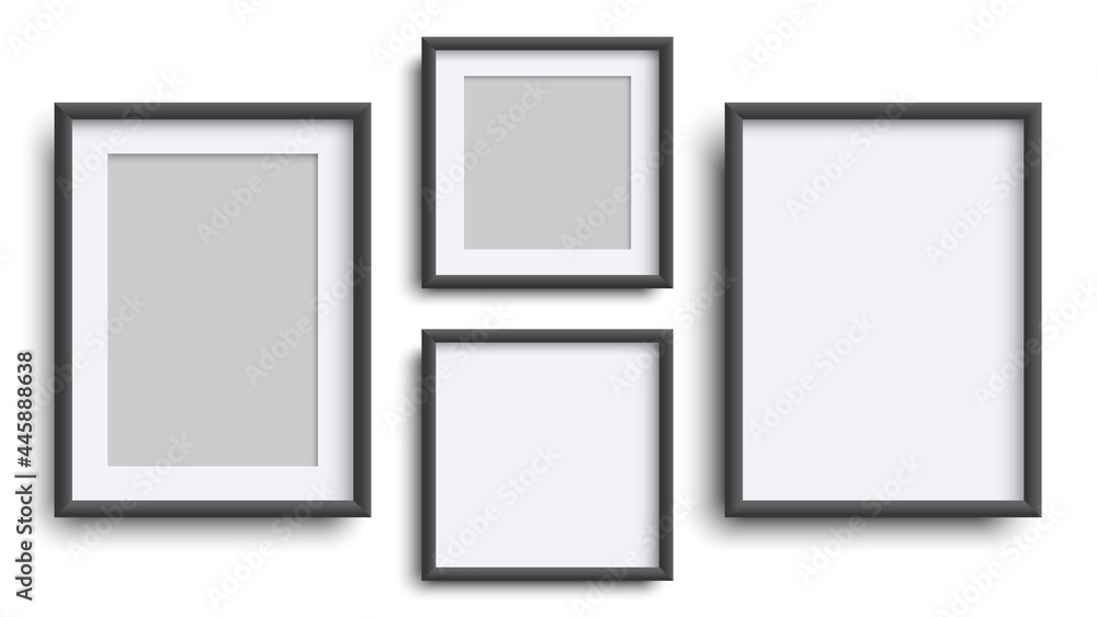 Photo Frames isolated on white, realistic square black frames mockup, vector set