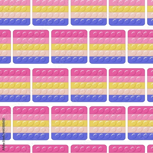 Pop it. Square colorful rainbow silicone antistress relaxation toy, kids trendy game, vector cartoon isolated popit. Decor textile, wrapping paper wallpaper vector print or fabric