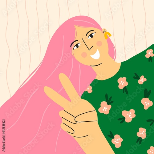 Girl portrait. Happy woman showing peace gesture, pink long hear and pattern on t-shirt, beautiful pretty face, lady smiling, card or poster, attractive people, vector cartoon modern illustration