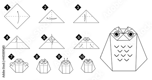 Step by step how to make origami owl bird . Vector monochrome instructions illustration. Black and white paper DIY.