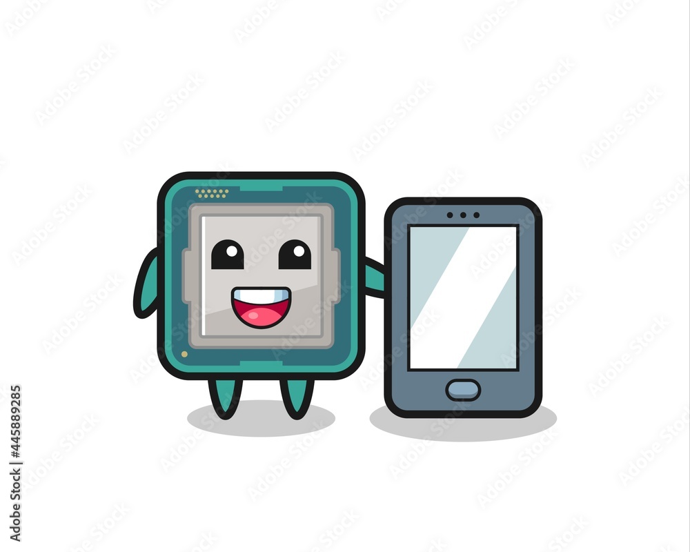 processor illustration cartoon holding a smartphone processor illustration cartoon holding a smartphone