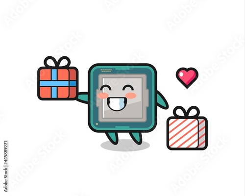 processor mascot cartoon giving the gift