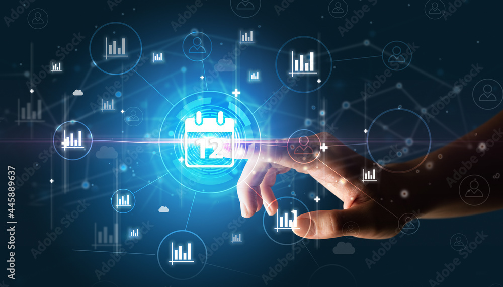 Businessman hand pressing stock graphic information on multitouch screen Businessman hand pressing stock graphic information on multitouch screen