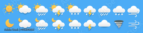 Paper set of weather icons. Yellow sun and moon, white clouds, with shadows, for forecast design, day and night signs
