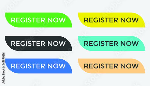 colorful register now text web button, set of register now sign icon for web site