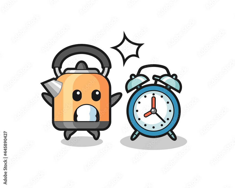 Cartoon Illustration of kettle is surprised with a giant alarm clock