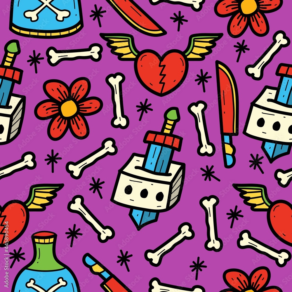 hand drawn cartoon doodle tattoo pattern designs for backgrounds, wallpapers, clothes, stickers and more