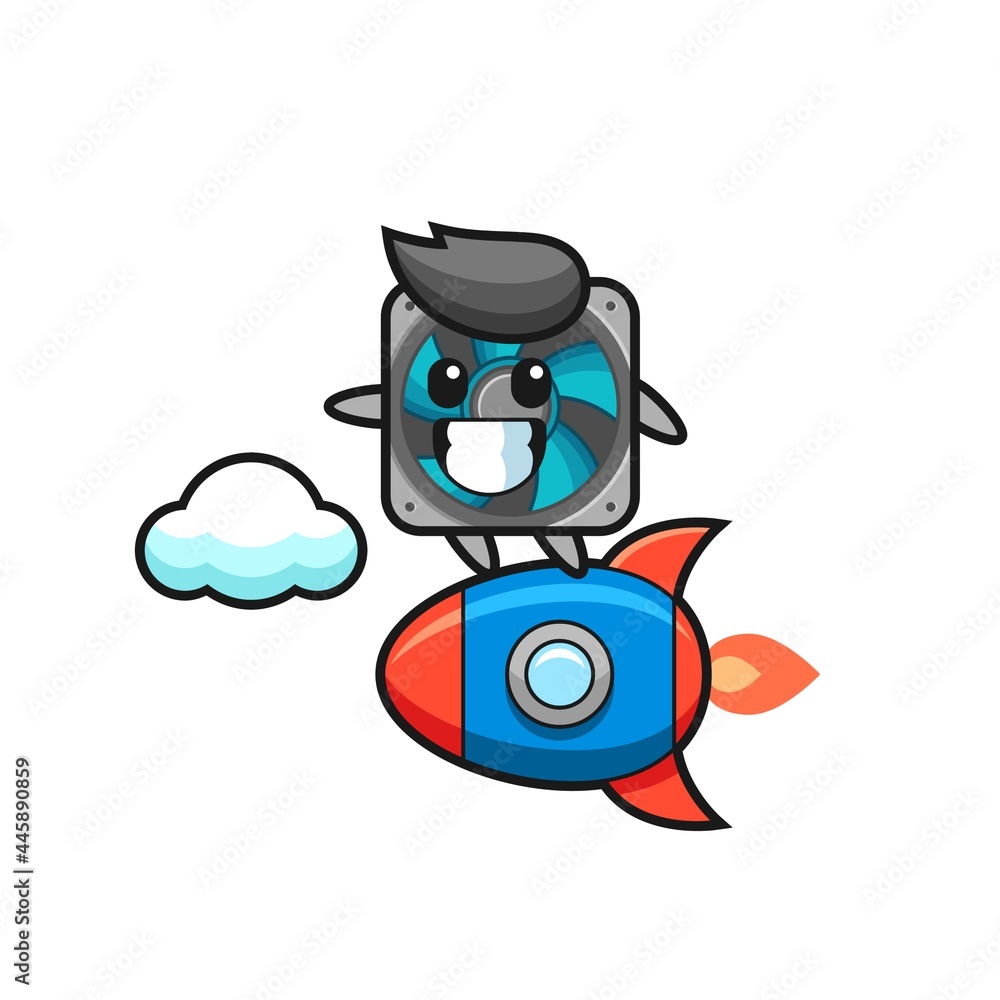 computer fan mascot character riding a rocket computer fan mascot character riding a rocket