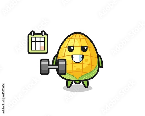 corn mascot cartoon doing fitness with dumbbell